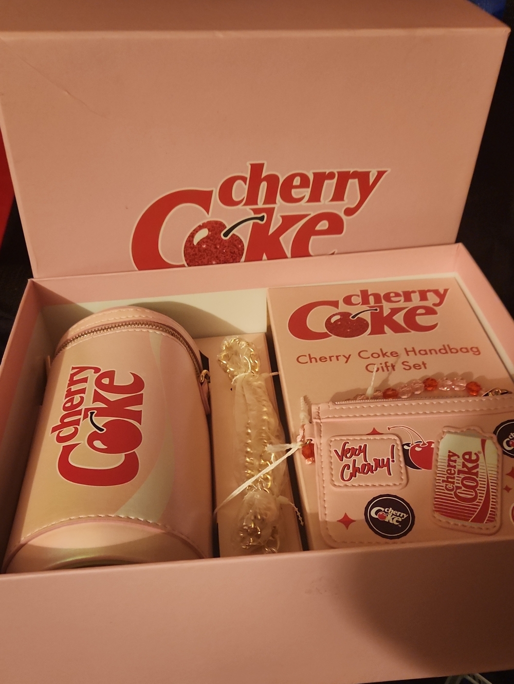 Cherry Coke Pink Crossbody Bag W/ Beaded Wallet Card Holder Gift Set